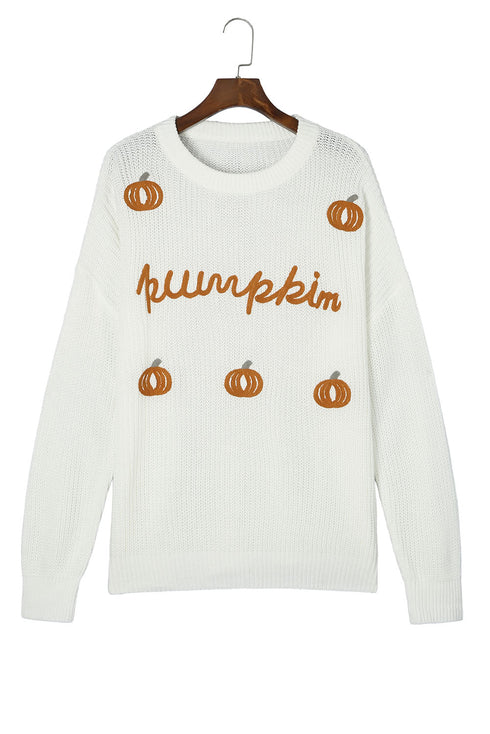 White Pumpkin Yarn Stitch Ribbed Knit Sweater